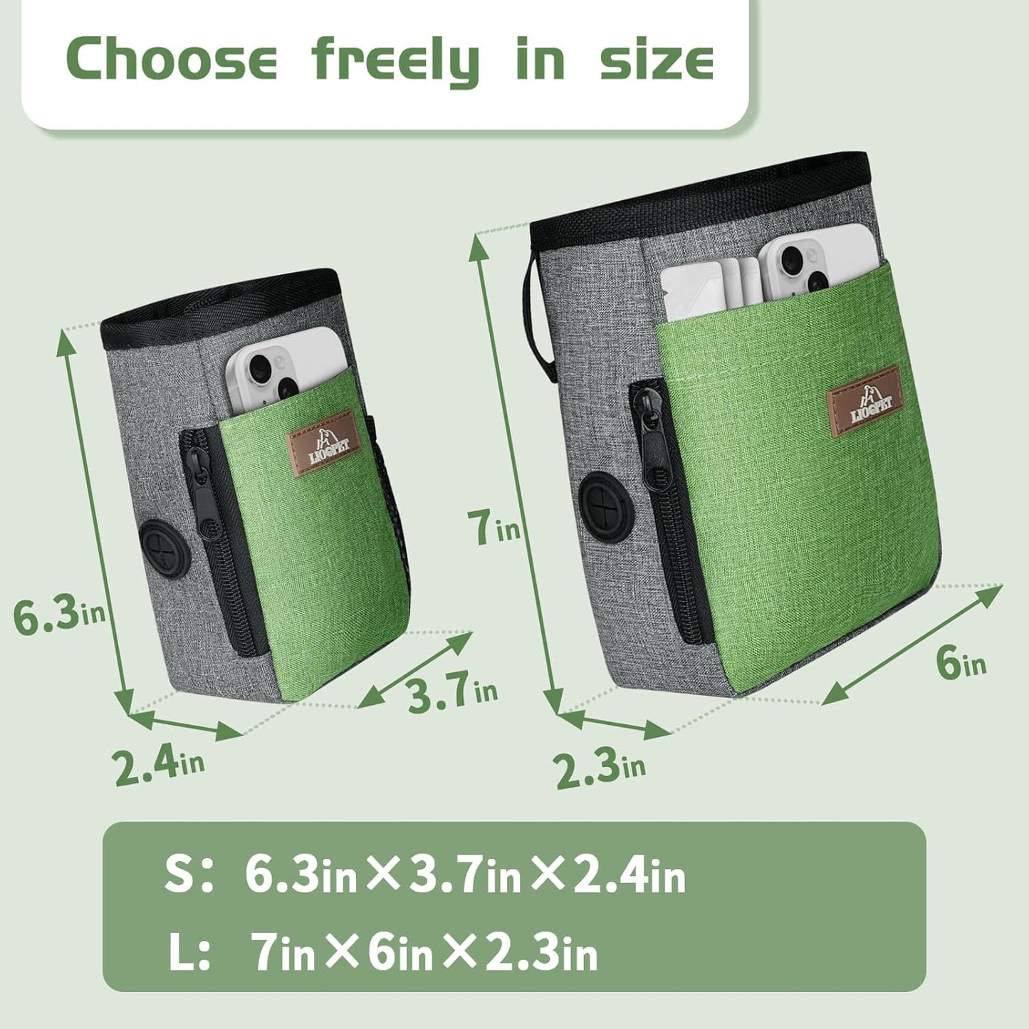 Upgraded Large-Sized Dog Treat Pouch with Waist Clip - Fashionable Green&Grey Design - Large Capacity Treat Bag for Dog Walks,Outdoor Activities, Travel and Training - Includes 1 Poop Bags