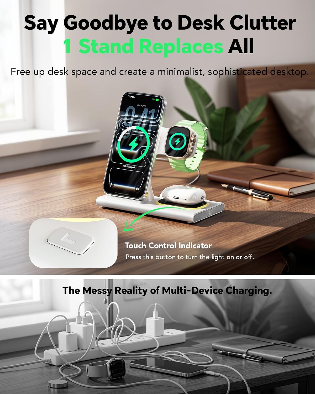 3 in 1 Foldable Charging Station for Apple Wireless Charger iPhone Charging Station for iPhone 18 Pro Max,Apple Watch 12 Charger Stand, Light Nightstand Charging Dock for iWatch/Airpods
