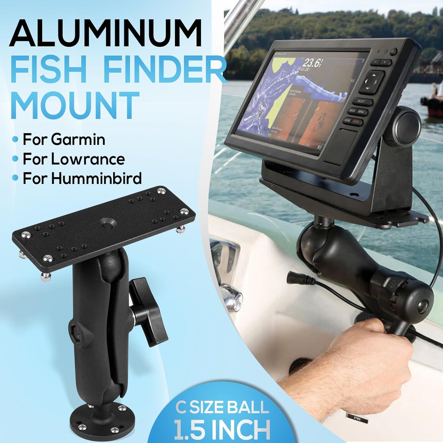 Aluminum Fish Finder Mount with 1.5" / C Size Ball, Medium Arm Marine Electronic Depth Finder Mount for Boat, 360° Rotation, Fits for Garmin, Lowrance, Humminbird, and More