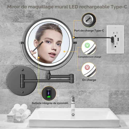 Miroir de maquillage mural rechargeable, miroir de courtoisie LED double face de 20 cm avec agrandissement 1X/10X, miroir de salle de bain de 33 cm avec écran tactile et 3 couleurs d’éclairage