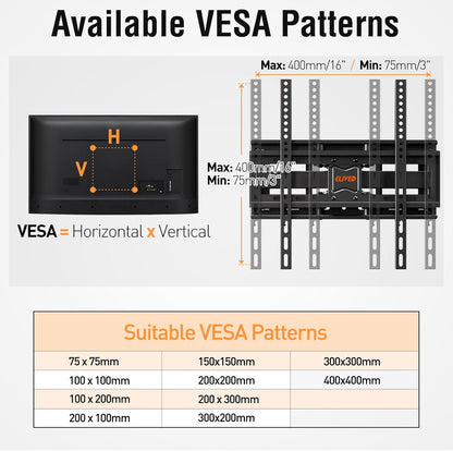 ELIVED UL Listed TV Wall Mount for Most 26-65 Inch tvs, Full Motion TV Mount with Swivel and Tilt, Wall Mount Bracket Max VESA 400x400mm, Holds up to 99 lbs.