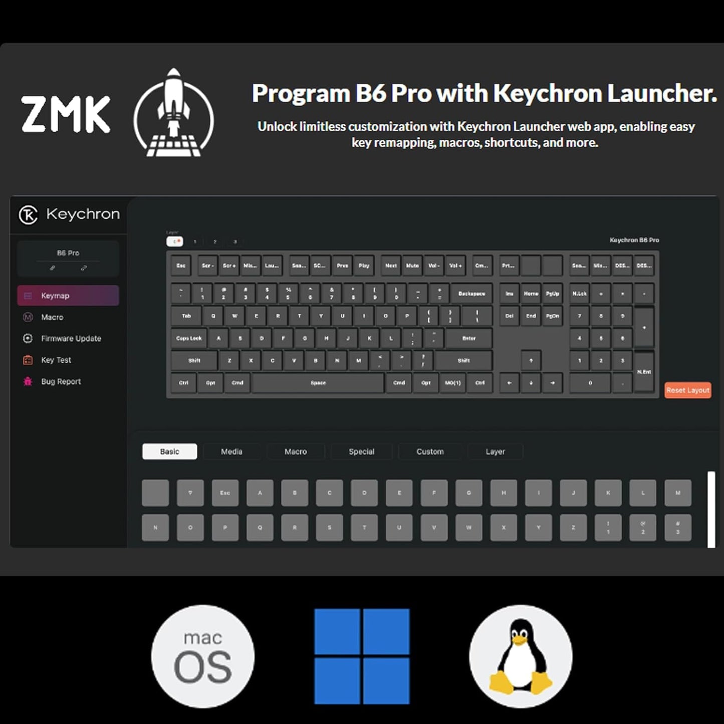 Keychron B6 Pro Quiet Key Full Size Ultra-Slim Wireless Keyboard, ZMK Programmable Bluetooth 5.1/2.4 GHz/Wired with Ultra-Long Battery Life Low Profile for Mac Win Linux System - Space Gray