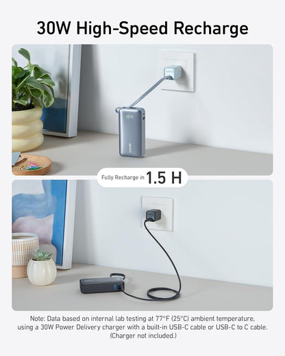Anker Nano Power Bank,10,000mAh 30W Portable Charger,Built-in USB-C Cable | 30W Recharging and Output, USB-C and USB-A Ports, for iPhone 17 / 16 / 15 Series, MacBook, Galaxy, AirPods, and More