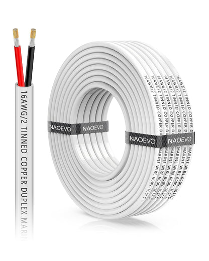 NAOEVO 16 Gauge Marine Wire Duplex, 16 AWG Stranded PVC Marine Electrical Wire, Waterproof/Corrosion Resistant/Tinned Copper Electrical Cable for Boat/Automotive/RV/Solar (30FT)