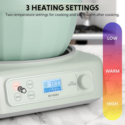 BUYDEEM LP55 5-in-1 Slow Cooker, Compatible with Various Cookwares, Multi-Cooker with Two Temperature Settings, Auto Keep Warm for 2H, Cozy Greenish, No Pot Included