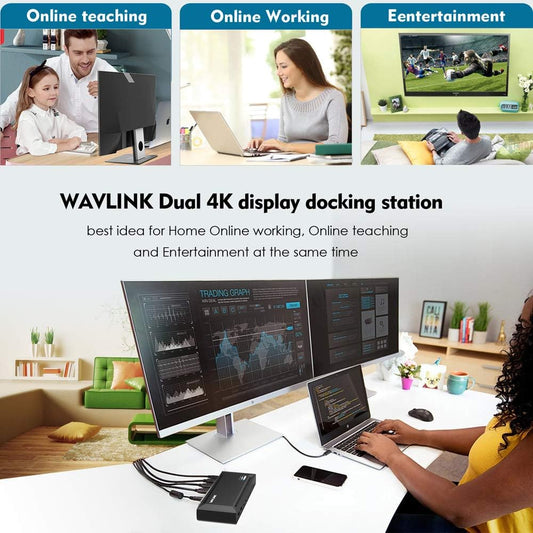 Docking Station, WAVLINK USB-C Single 5K/Dual 4K Laptop Dock with 65W USB-C Power Delivery（2*DP, 2*HDMI, 4*USB 3.0 Type-A, 2 Type C and Gigabit Ethernet）-Black