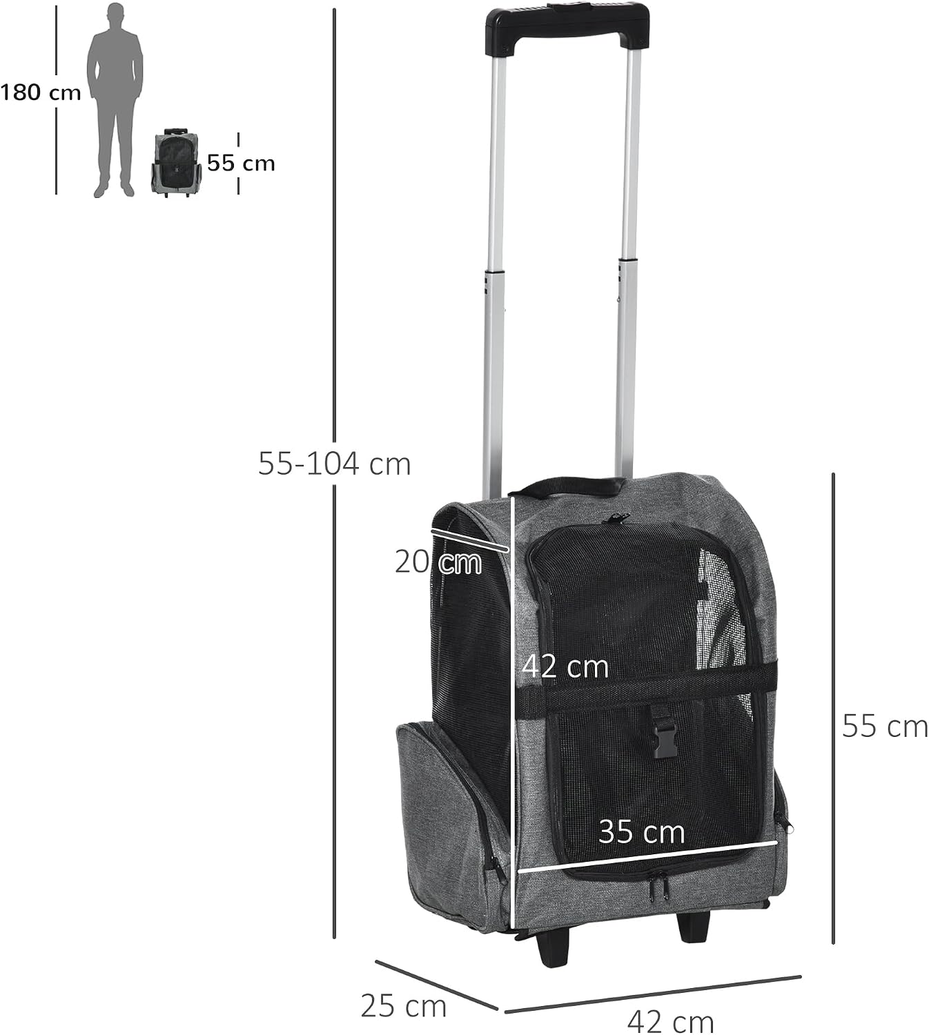 PawHut 2-in-1 Pet Luggage Box Backpack Carrier Cats Dogs w/Handle, Rolling Wheel Grey