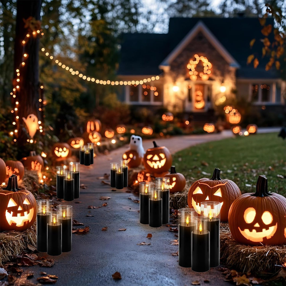 24-Pack Black Flameless LED Candles - Elegant Black Acrylic Pillar, Realistic Flickering Flame, Remote & Timer for Halloween, Gothic Decor, Weddings, Christmas & Home Decoration