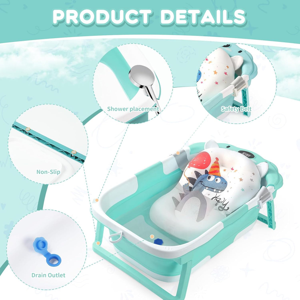 Baby Bathtub with Thermometer & Cushion, Portable Tub for 0-36 Months