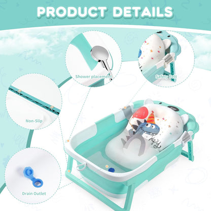 Baby Bathtub with Thermometer & Cushion, Portable Tub for 0-36 Months