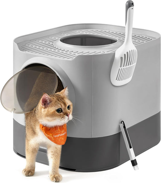 Feandrea Cat Litter Box with Lid, XL Enclosed Litter Box with Slide-Out Tray, Scoop, Brush, for Large Cat, Anti-Tracking, Anti-Leaking, Dove Gray and Slat Gray UPPT002B01