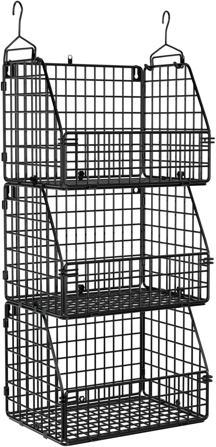 PUPPYCUTE Stackable Wire Baskets for Kitchen Closet Pantry Storage, Hanging Closet Organizers Storage Shelves Organization, Wall Mount Metal Basket Bins, Clothing Vegetable & Fruit Organizer 3 PCS