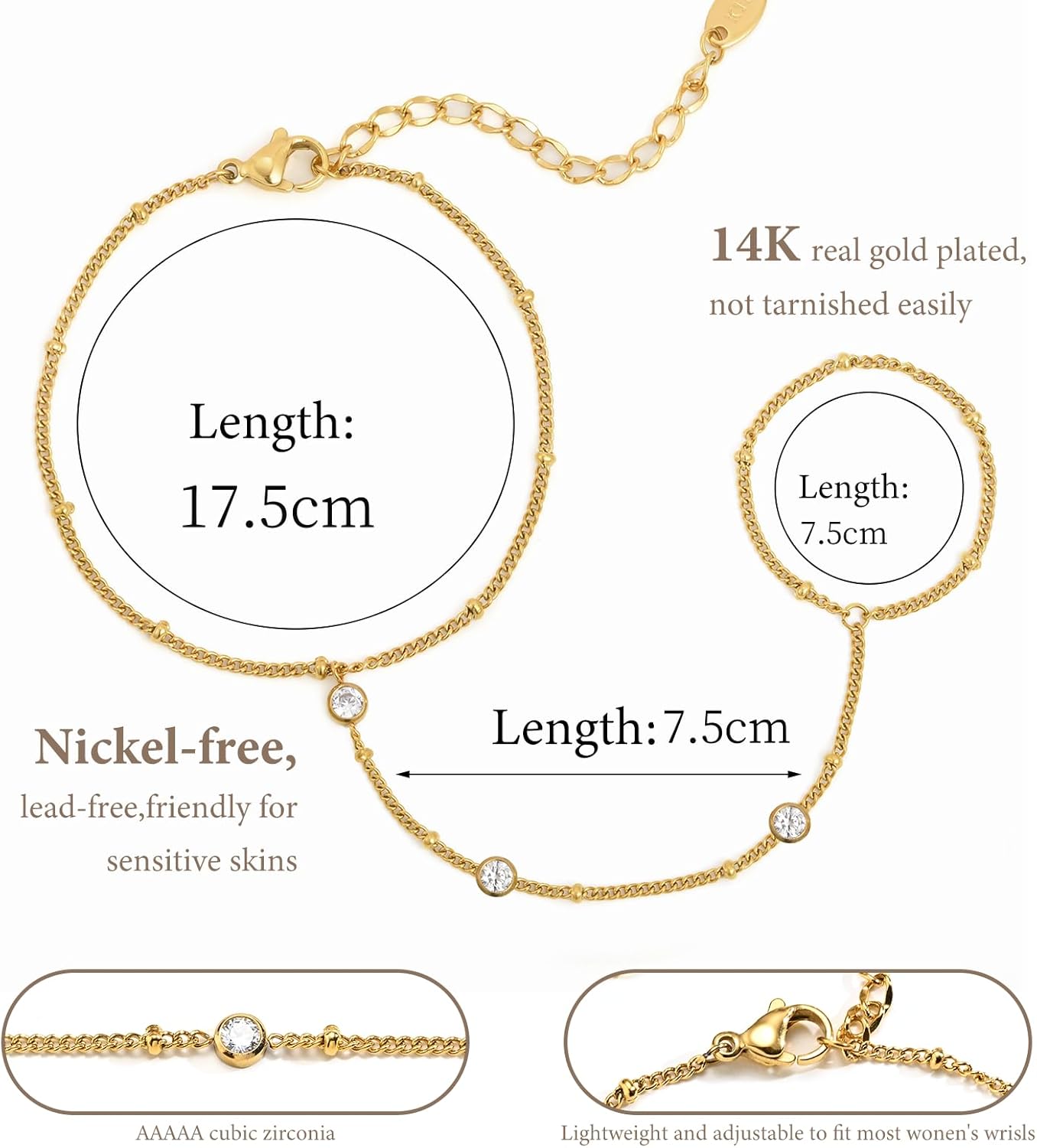 Hand Chain Ring Bracelet For Women, 14k Gold Plated Dainty Cubic Zirconia Minimalist Finger Ring Bracelet, Trendy Stuff Jewelry Gifts To Wife Girfriend Daughter Sister BBF, 17.5cm/7.5cm