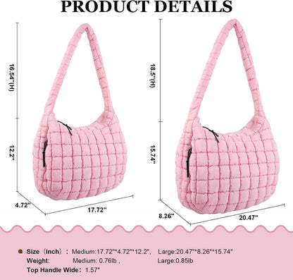 Quilted Puffer Tote Bag Large Crossbody Shoulder Bag with Zipper, Nylon Hobo Oversized Handbag