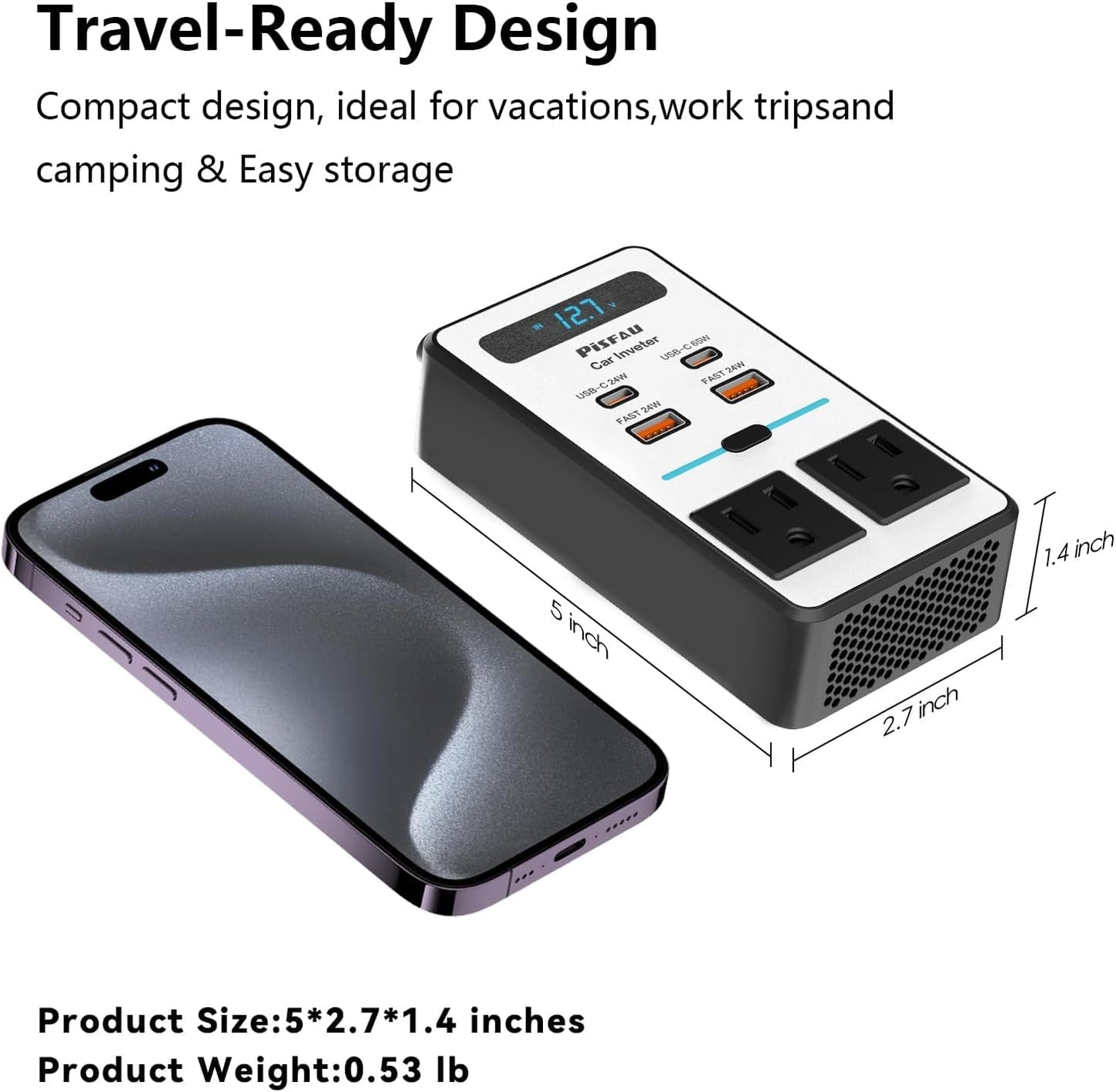 200W Car Power Inverter, PiSFAU DC 12V to 110V AC Car Plug Adapter Outlet with [20W USB-C] /USB-Fast Charger(18W) / 4.8A Dual USB/car Charger for Laptop