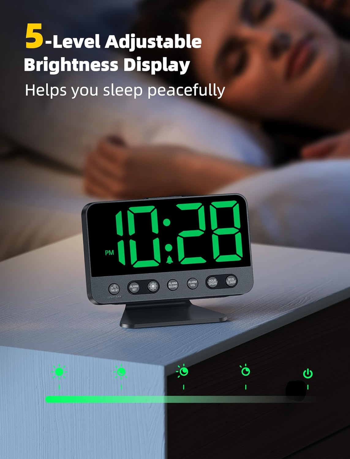 Odokee Digital Alarm Clocks for Bedrooms: Large Bold Number 5 Brightness Dimmer - Easy to Read Across The Room - 5 Alarm Sound 8 Night Light - Silver