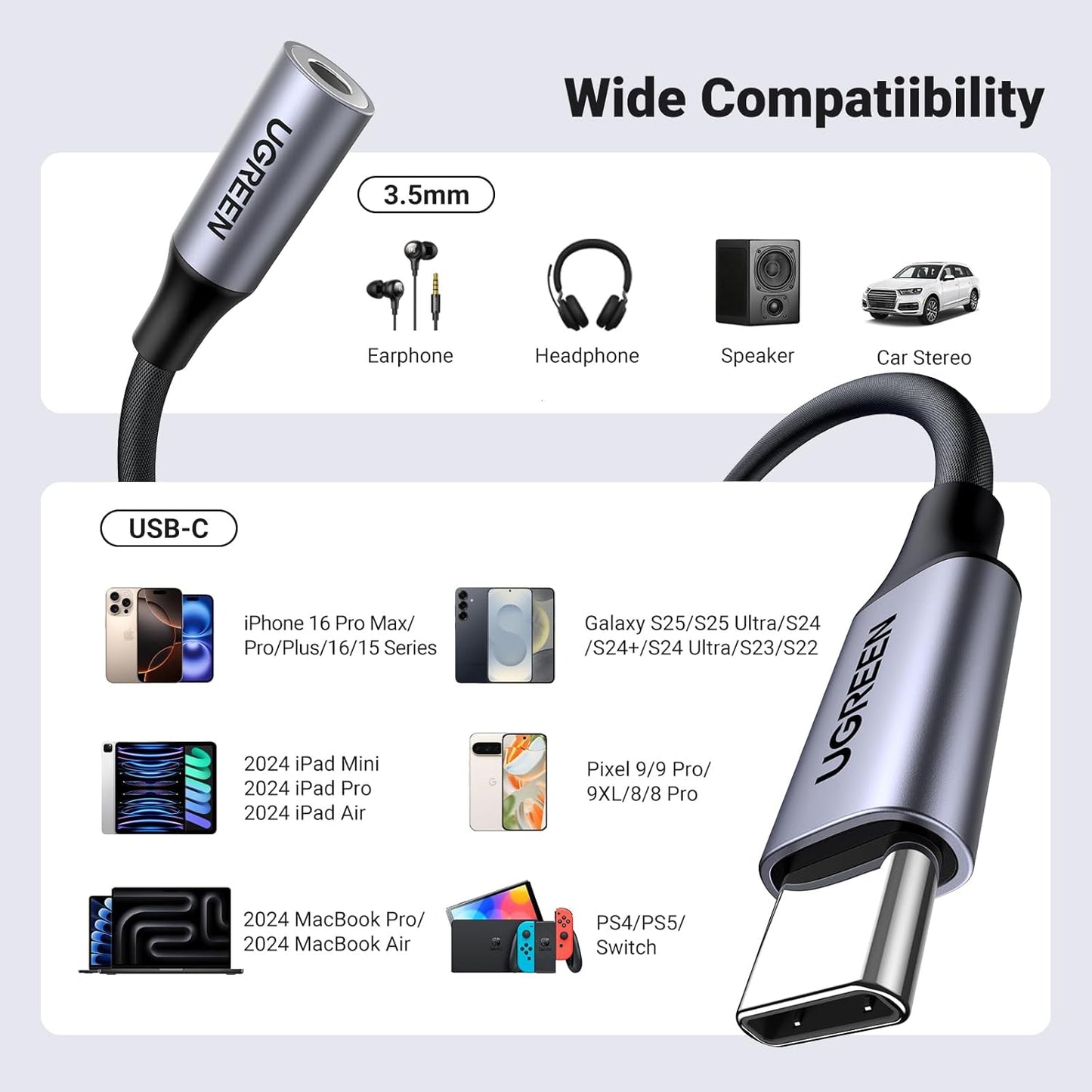 UGREEN USB C to 3.5mm Headphone Audio Adapter, HiFi DAC Stereo 24bit/96kHz USB C to Aux Jack, Dongle Earphone Compatible with iPhone 15 Pro, iPad, Galaxy S24 S23 Ultra, Pixel, 10cm