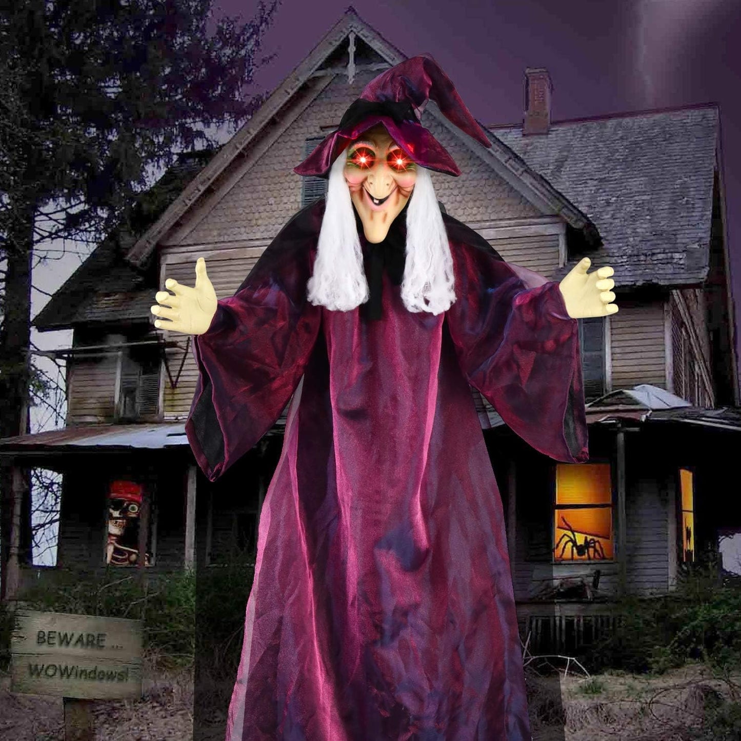 AYOGU 71" Life Size Hanging Talking Witch Halloween Decor, Evil Witch, Sound Activation and Red Eye for Outdoor & Indoor, Halloween Decoration Realistic Creepy Party Decor - PuriLite