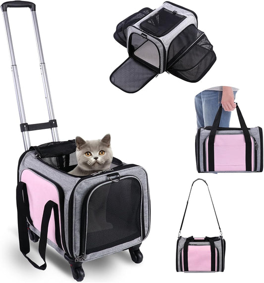Pet Carrier Airline Approved on Wheels - Two Sided Expandable Cat Soft Carrier for Puppy and Cats Under 26lbs, Rolling Cat Carrier for Airplane, Camping, Outdoor(Pink)