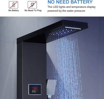 LED Shower Panel Tower System Black, MENATT 304 Stainless Steel 5-Function Shower Panel Rainfall Waterfall Shower Rain Massage System with Body Jets