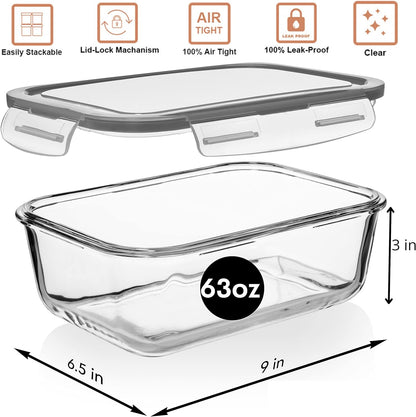 Razab 8 Cups / 63 Oz 2 Pack Large Glass Container Food Storage with Lids - Leakproof, BPA-Free Large Glass Meal Prep Container Ideal for Roasting Turkey, Store Leftover - Microwave & Oven Safe