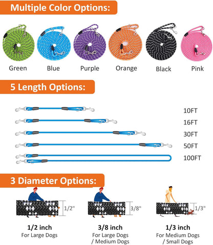 Long Rope Leash for Dog Training 10FT 16FT 30FT 50FT 100FT, Reflective Threads Check Cord Dog Leash Tie-Out Cable, Heavy Duty Dog Lead for Large Medium Small Dogs Outside Walking, Playing, Camping, or Yard