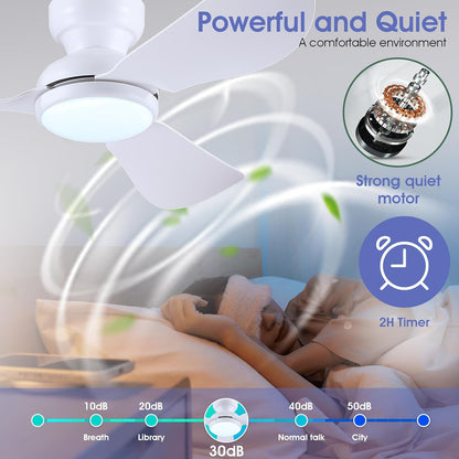 Kviflon 46 Inch Modern Ceiling Fans with Lights, Flush Mount Ceiling Fan with Remote/APP Control, 3 Reversible Curved Blades, 6 Speeds, 3 CCT, Dimmable Lights for Kids Room Bedroom, White