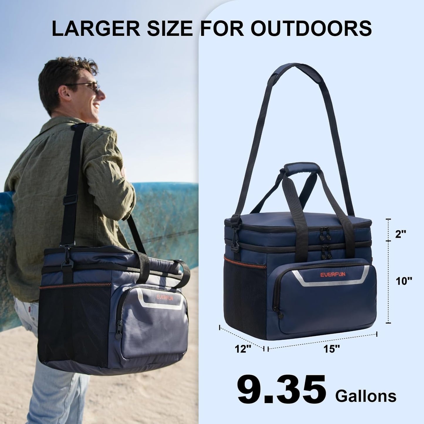 EVERFUN Cooler Bag Insulated Beach Cooler Lunch Bag Box for Men Women Dual Compartments Collapsible Waterproof Leak-Proof for Travel Work Picnic