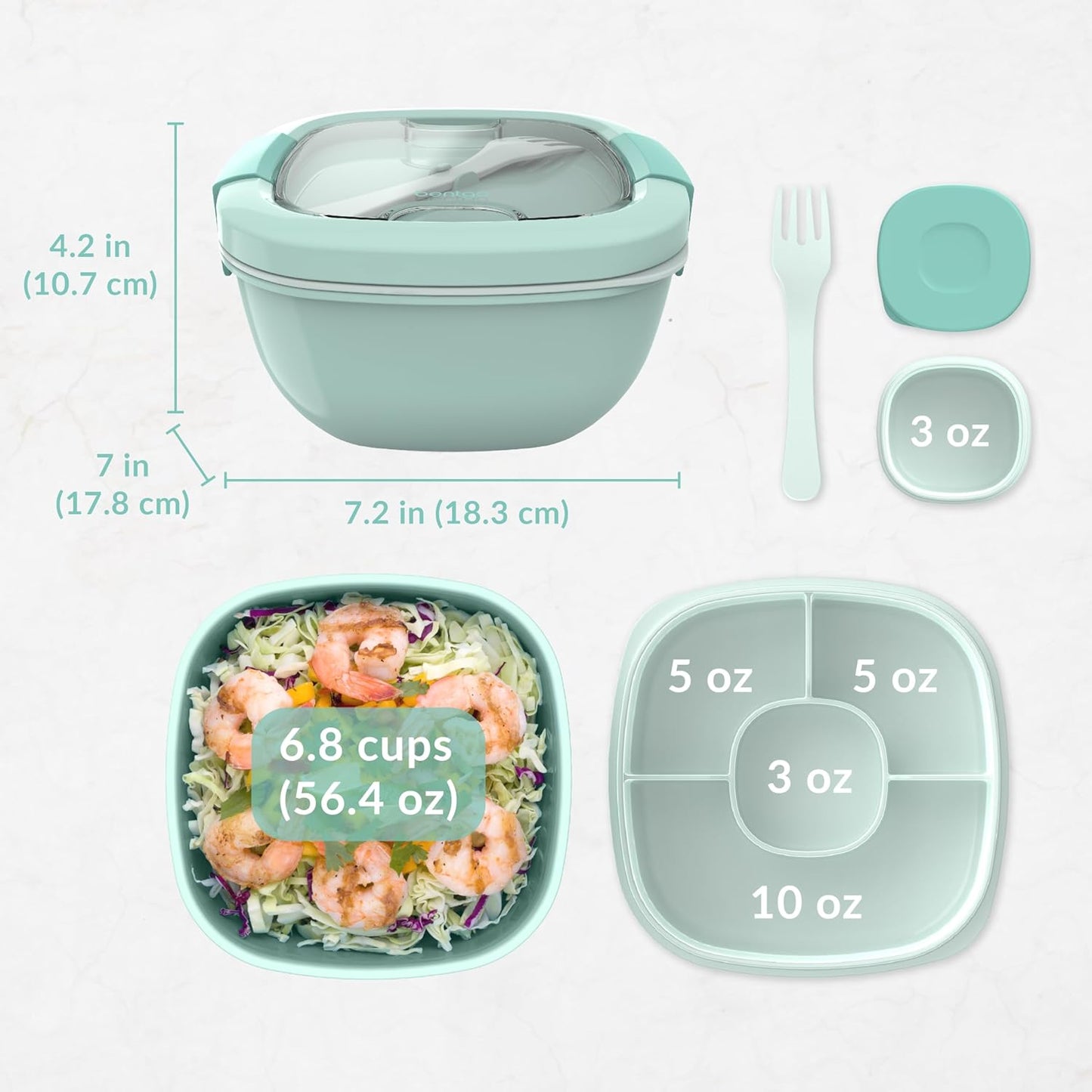 Bentgo Salad - Stackable Lunch Container with Large 54-oz Salad Bowl, 4-Compartment Bento-Style Tray for Toppings, 3-oz Sauce Container for Dressings, Built-in Reusable Fork & BPA-Free (Khaki Green)