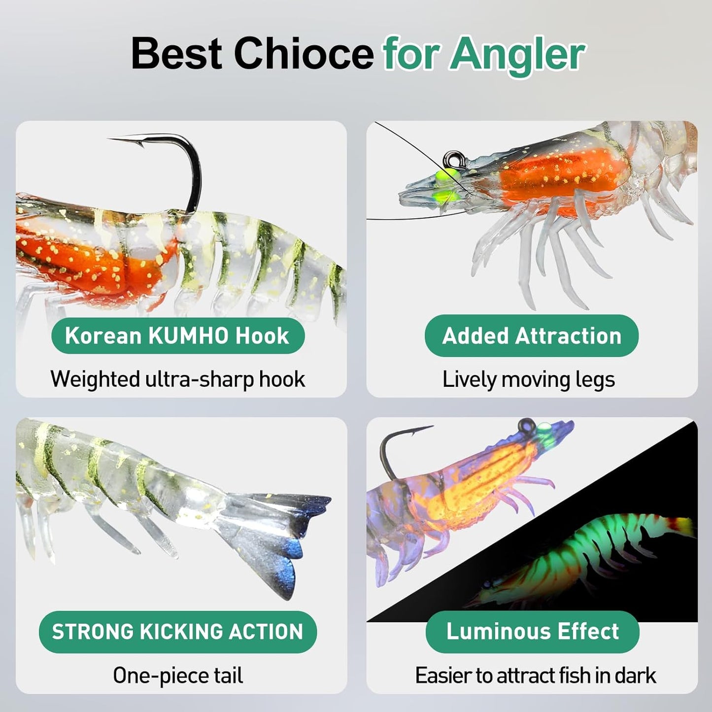 TRUSCEND Pre-rigged Fishing Jig Lures for Freshwater and Saltwater, Innovative Super Durable TPE Bass Lures, Lifelike Shrimp Crayfish Swimbait, Weedless Lure for Crappie Trout Walleye, Keep Separately