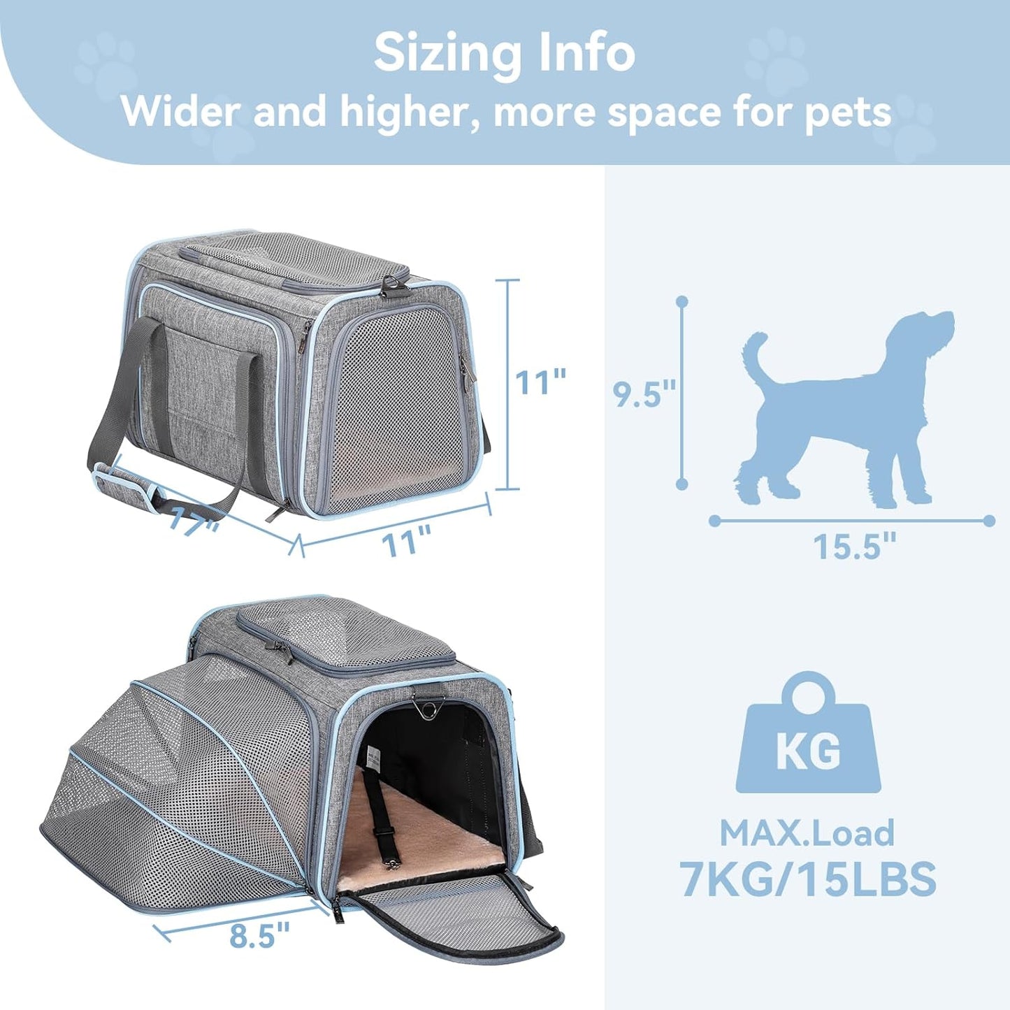 Petsfit Expandable Cat Dog Carrier Airline Approved, 17" L x 11" W x 11" H Soft-Sided Portable Pet Travel Carrier for Kitten, Puppy, Removable Soft Plush Mat and Pockets, Auto-Locking Zippers