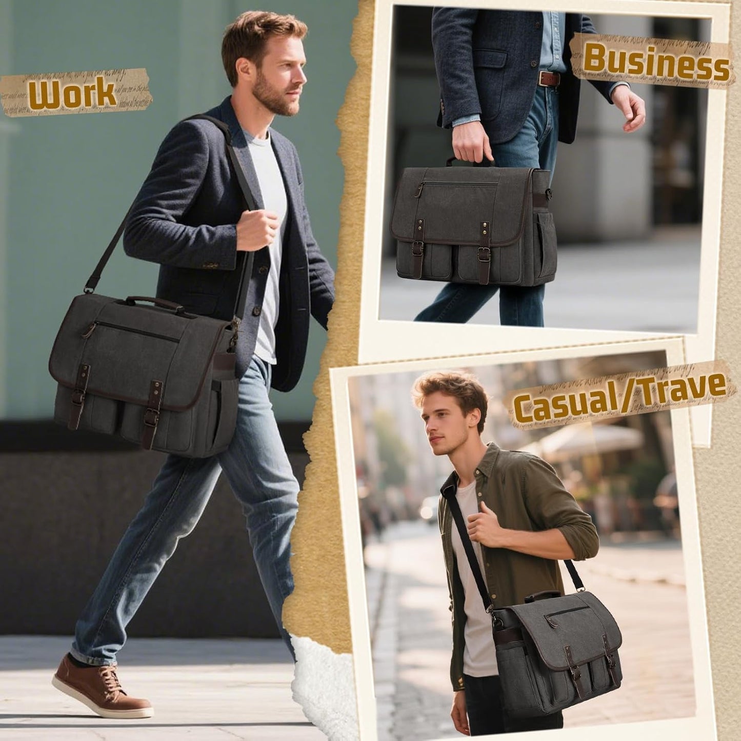 RAINSMORE Canvas Messenger Bag Men 17-17.3 Inch Laptop Bag Computer Briefcase Water Resistant Satchel Bag for Men Work Office - PuriLite