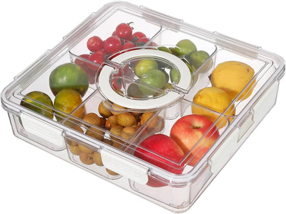 Taiuloo Divided Serving Tray with Lid & Handle, Airtight 6 Compartment Snackle Box Charcuterie Container, Fridge Organizer Bins, Food Storage Container Veggie Tray for Snack, Fruit, Salad, Nut