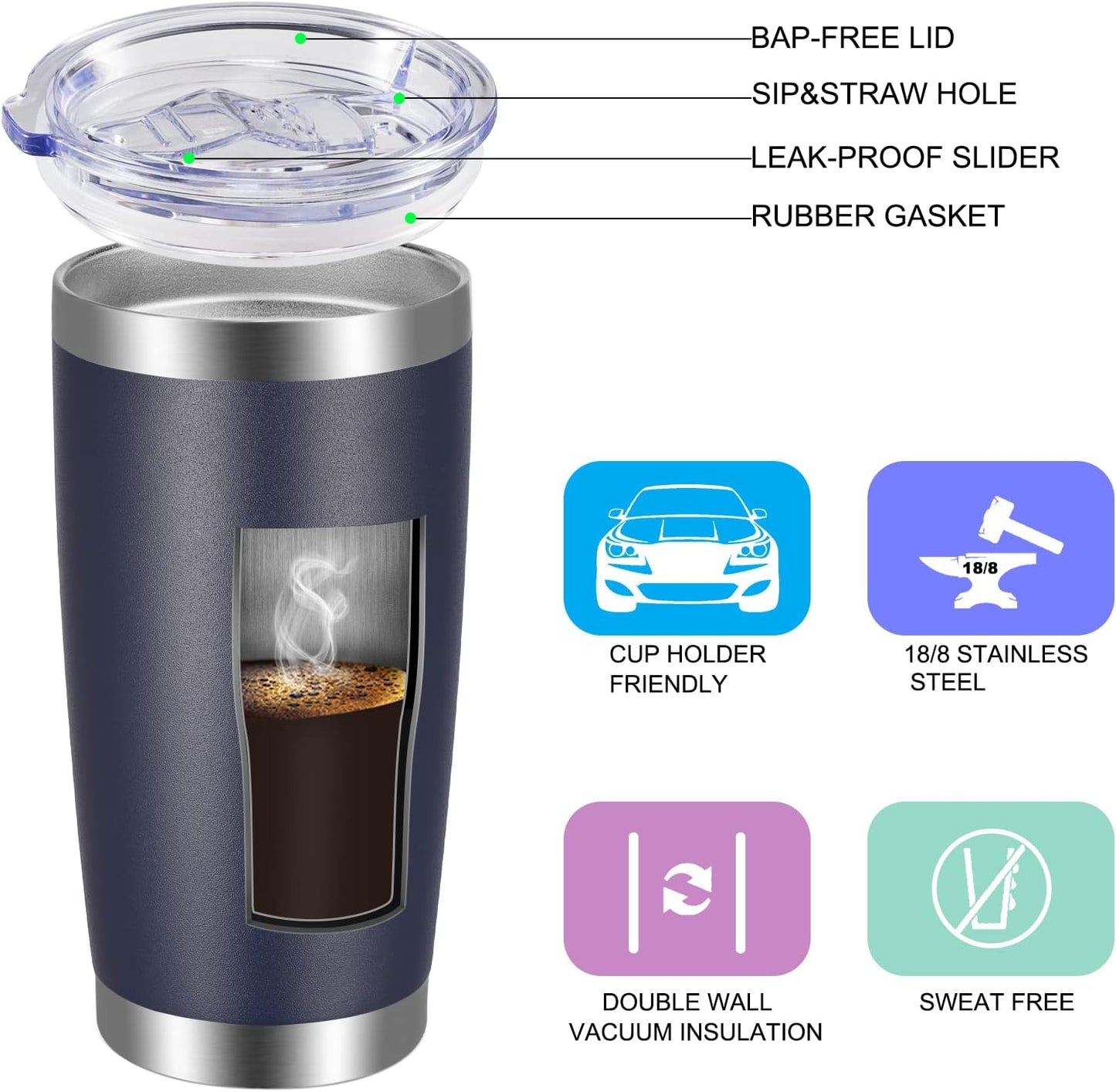 VEGOND 20oz Tumbler with Lid and Straw Stainless Steel Tumbler Cup Bulk Vacuum Insulated Double Wall Travel Coffee Mug Powder Coated Coffee Cup (Bluish Violet 6 Pack)