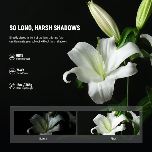 NEEWER RF1-S Marco Ring Flash Light Compatible with Sony Camera, 76Ws GN15 5600K TTL Lighting, 1-1/128 Output Front/Rear Curtain Sync Color Gels Lens Adapter Rings for Macro Photography Studio Photo - PuriLite