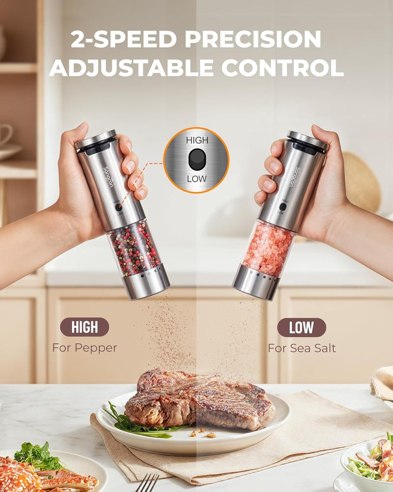 Sangcon 2-Speed Rechargeable Electric Salt and Pepper Grinder Set, 6 External Adjustable Coarseness Levels, Automatic Salt & Pepper Mill Shakers Set with Storage Base, One-Handed Operation, Silver