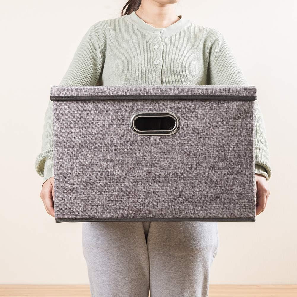 PRANDOM Large Foldable Storage Bin with Lid [1-Pack] Linen Fabric Decorative Storage Box Organizer Containers Basket Cube with Handles Divider for Bedroom Closet Office Living Room (17.7x11.8x11.8")