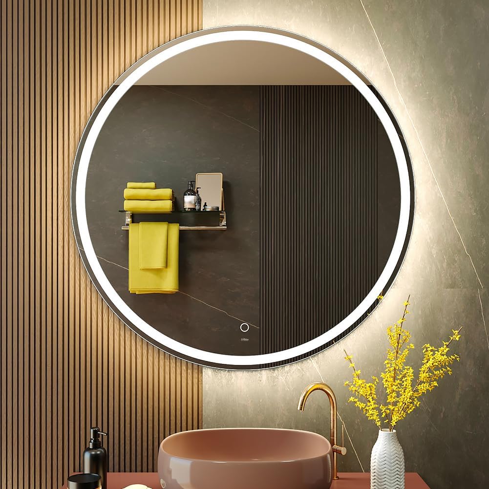 KWW Round Mirror Bathroom LED Lighted Mirror, Illuminated Dimmable Anti-Fog Wall-Mounted Makeup Vanity Mirror with Lights (24L x 24W inches)