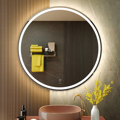 KWW Round Mirror Bathroom LED Lighted Mirror, Illuminated Dimmable Anti-Fog Wall-Mounted Makeup Vanity Mirror with Lights (24L x 24W inches)