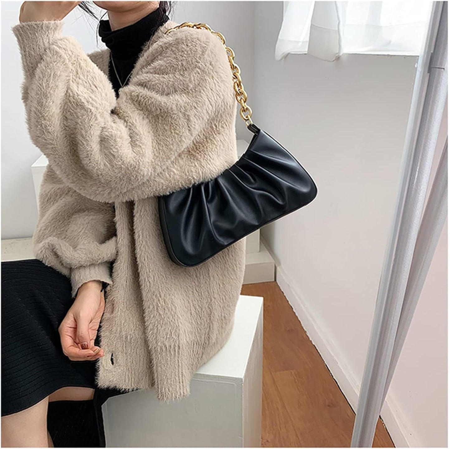 JOLLQUE Shoulder Bag for Women,Small Leather Handbag Purse,Gold Chain Evening Clutch