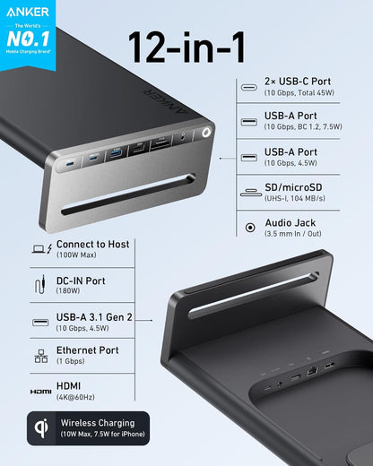 Anker 675 USB-C Docking Station (12-in-1, Monitor Stand, Wireless) with 10Gbps USB-C Ports, 4K@60Hz HDMI Display, Wireless Charging Pad, for Lenovo ThinkPad, MacBook Pro M1 / M2 and More USB-C Devices