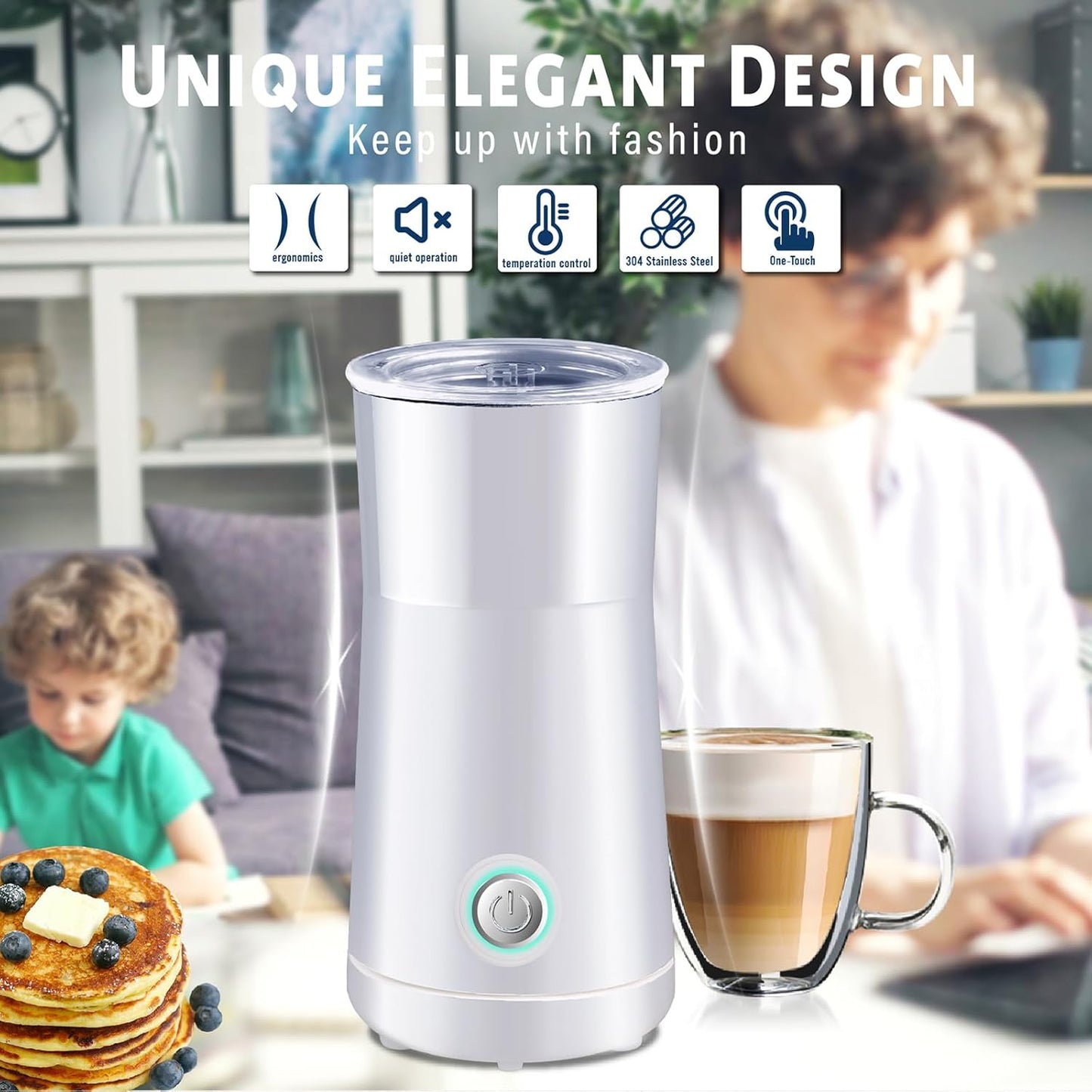 Seydere Simple Milk Frother, 2 in 1 Milk Steamer and Frother, Electric Milk Steamer, Milk Warmer and Hot Milk Foam Maker for Latter, Macchiato, Cappuccinos (White)