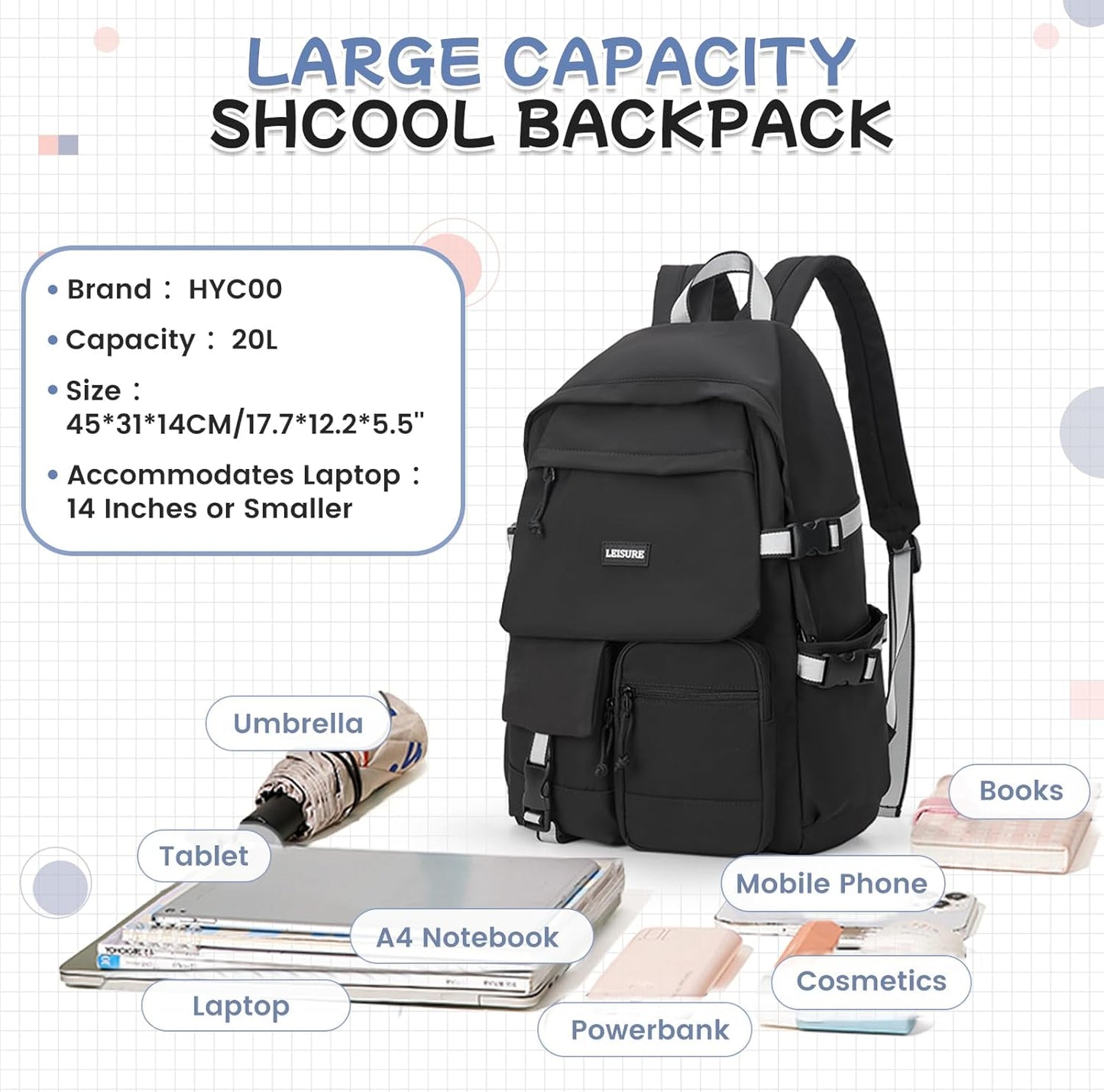School Backpack for Women Men College High School Bags for Boys Girls Casual Daypack Laptop Backpack Waterproof Black Bookbag Travel Rucksack