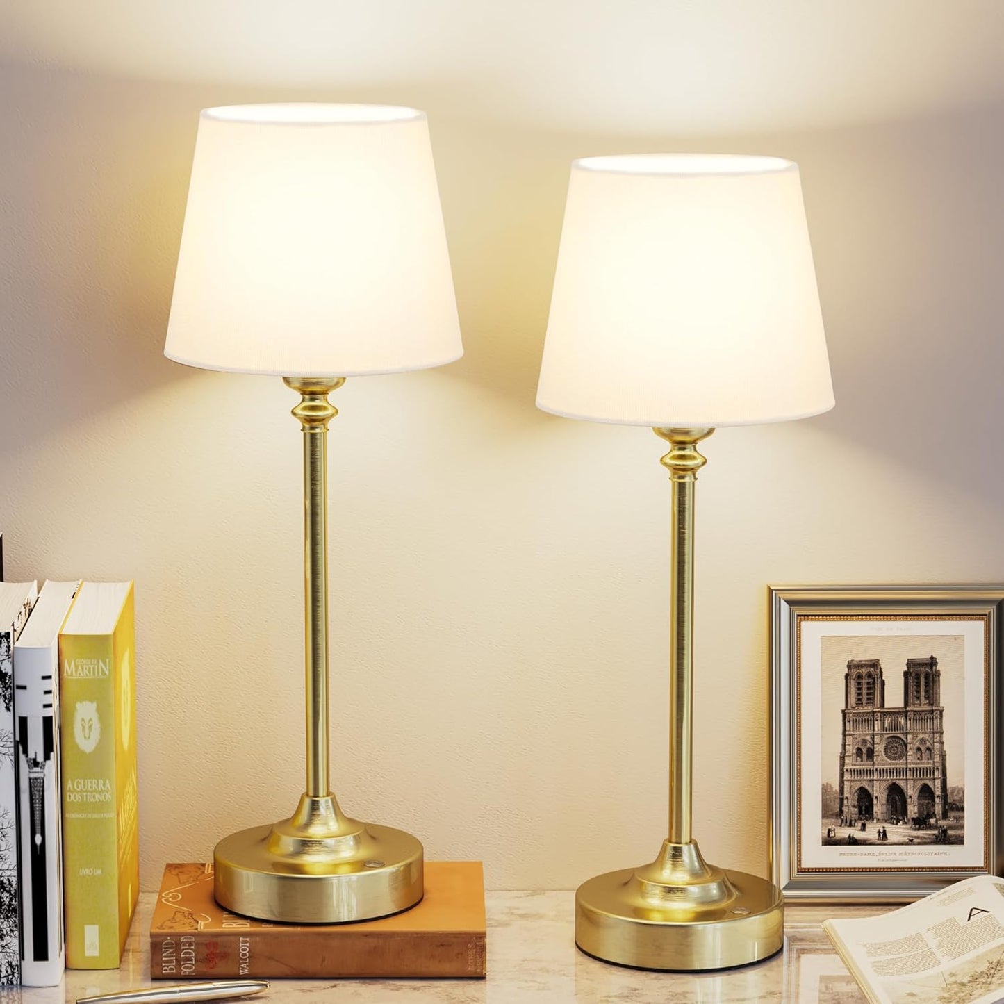 Rechargeable Cordless Table Lamp: 3000k Stepless Dimming, 1 Pack Brass 4000mAh Battery Operated Wireless Touch Lamp for Dining Table, Counter, Living Room, Bedroom