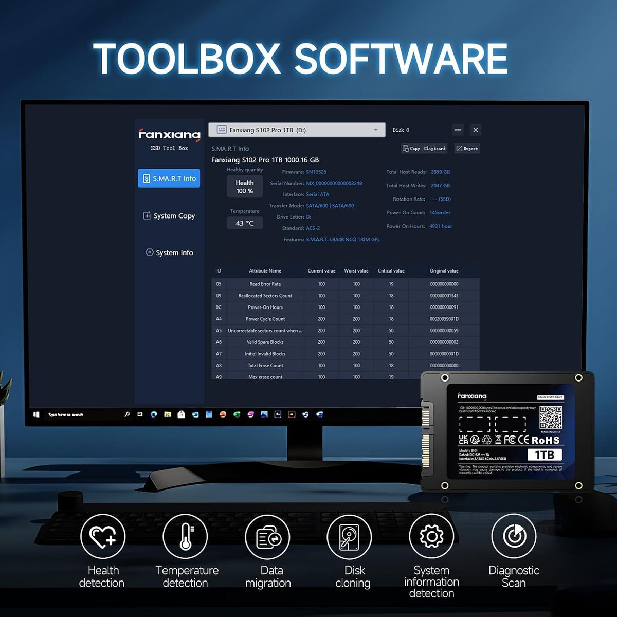 fanxiang S101Q SSD 256GB 2.5'' SATA III 6Gb/s, Internal Solid State Drive Up to 530MB/s SLC Cache for Laptop and PC Desktop 7mm(0.28)