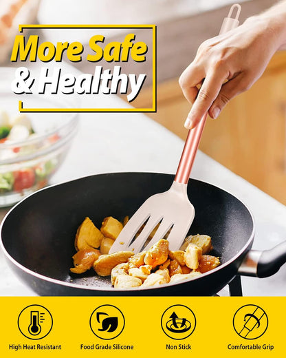 Pack of 2 Silicone Slotted Spatula,Non Stick Solid Kitchen Turner, High Heat Resistant BPA Free Cooking Utensils for Fish, Eggs, Pancakes（Black