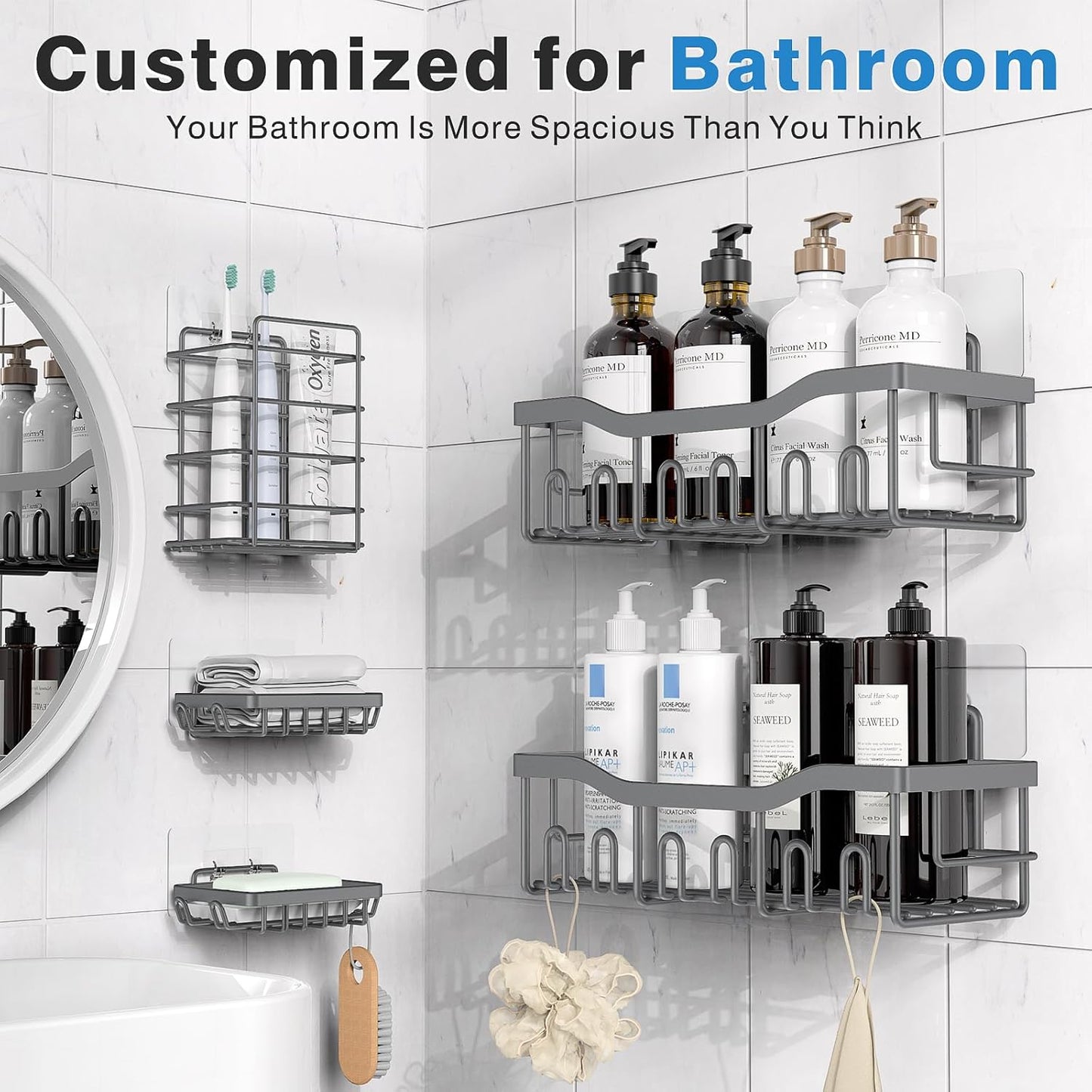 EUDELE 5-Pack Rustproof Stainless Steel Shower Caddy – No Drill Adhesive Bathroom Organizer with Large Capacity, Spacious Shower Shelves for Inside Shower, Kitchen & Home Decor Storage