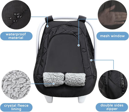 Winter Car Seat Cover for Baby Girl & Boy – Waterproof Infant Car Seat Canopy with Breathable Mesh, Thick Warm Fleece, Weather-Resistant Baby Winter Essential for Stroller & Carrier, Universal Fit, Black