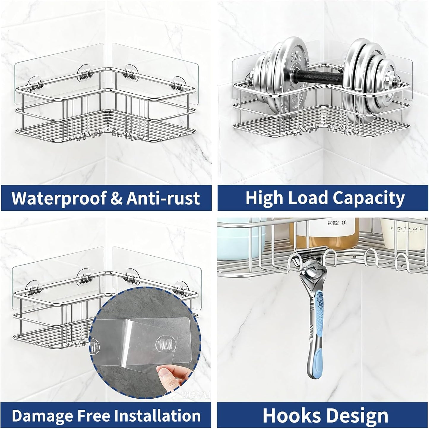 Menbyci 2 Pack Corner Shower Caddy, Adhesive Bathroom Shelf with 8 Hooks, Rustproof Stainless Steel Bathroom Organizer, No Drilling Shower Shelves Basket Wall Storage Rack Shampoo Holder (Silver)