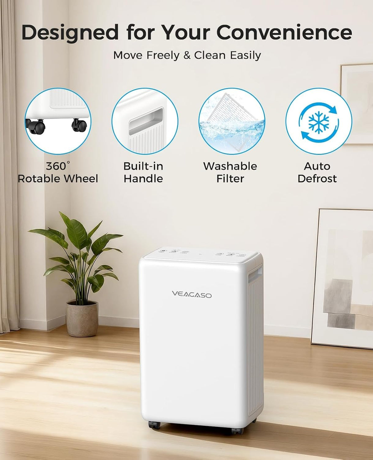 VEAGASO 30 Pints Dehumidifiers for Basements, 2500 Sq.Ft Dehumidifier for Bedroom Bathroom, Portable Dehumidifier with Continuous Drain Hose, Auto Defrost System, Quiet Design